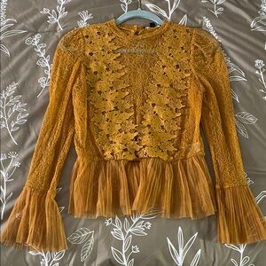 Haute Monde Mustard Lace Peplum Blouse